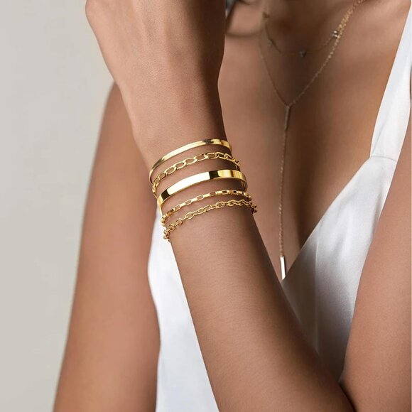 Women’s 5PC Gold Bracelet Set Non-Tarnish Hypoallergenic Waterproof Stainless St - Picture 2 of 9